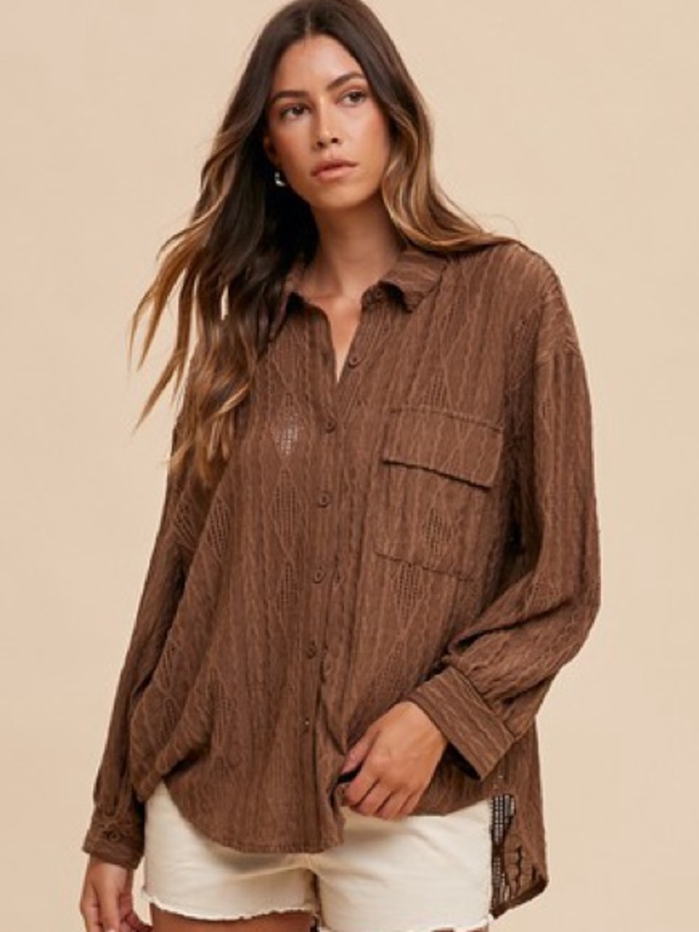 💖 Openwork Button Down Cotton Drop Shoulder Shirt